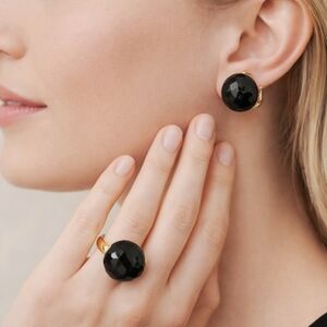 18K Solid Gold Black Onyx Cocktail Ring & Earrings Set